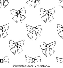 Satinbogen nahtlos monochrome Vektor isoliert Muster. Dekorative Haaraccessoires verzieren. Handgezeichnete Seidenbänder Linie Tinte Illustration für romantisches Design, Verpackung, Stoffdruck