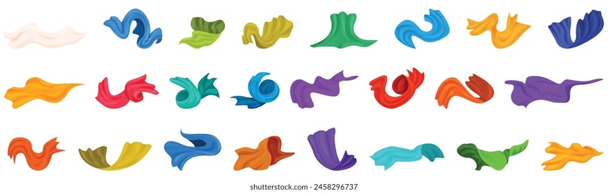 Satin cloth waves floating icons set cartoon vector. Silk ribbon. Flying air