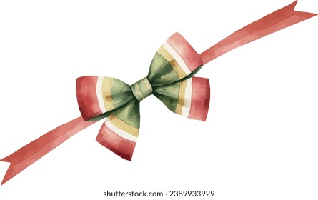 Satin colorful bow with strips, on the red ribbon, watercolor vector illustration and christmas element. Template for gift decoration, greeting cards, invitation, wedding card, save the date, celebrat