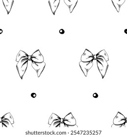 Satin cute bows. Graphic illustration line art hand drawn in black and white colors monochrome. Seamless pattern, ornament for fabric, textile, packaging, clothing, wallpaper.