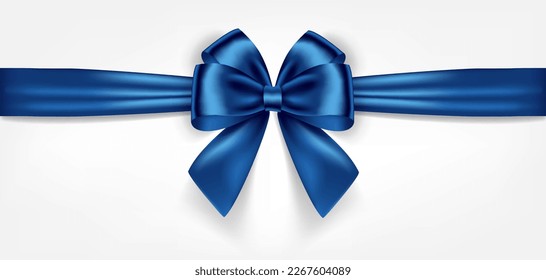 Arco azul decorativo satinado con cinta horizontal aislada sobre fondo blanco. Arco azul vectorial y cinta