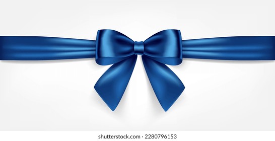 Satin decorative blue bow with horizontal ribbon isolated on white background. Vector blue bow and ribbon