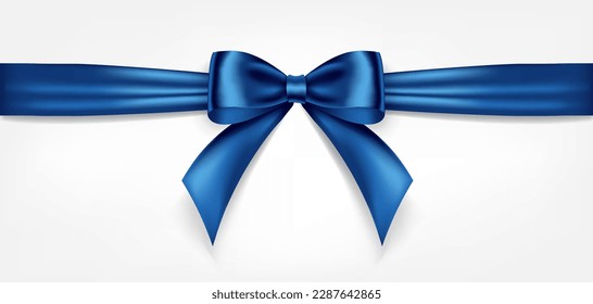 Satin decorative blue bow with horizontal ribbon isolated on white background. Vector blue bow and ribbon