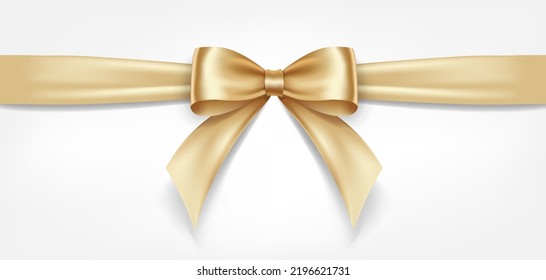 Satin decorative golden bow with horizontal yellow ribbon isolated on white background. Vector gold bow and gold ribbon