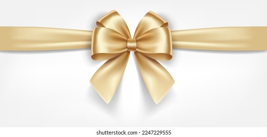 Satin decorative golden bow with horizontal yellow ribbon isolated on white background. Vector gold bow and gold ribbon