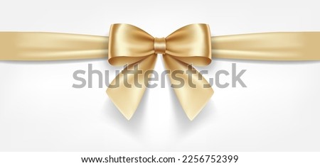 Satin decorative golden bow with horizontal yellow ribbon isolated on white background. Vector gold bow and gold ribbon