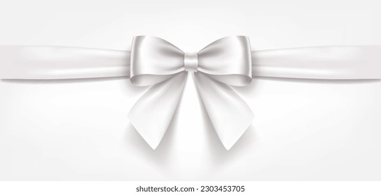 Satin decorative white bow with horizontal ribbon isolated on white background. Vector white bow and ribbon