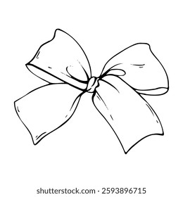 Satin fabric bow, with short wide ribbons. Graphic sketch illustration hand drawn line art, outline in black ink. Single isolated element vector EPS, for hair decoration, clothes, gifts, holidays
