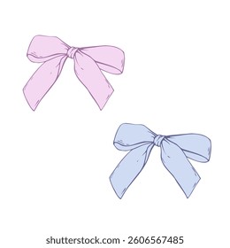 Satin fabric bow, with short wide ribbons. Graphic sketch illustration hand drawn line art, outline in blue and pink. Single isolated element vector EPS, for hair decoration, clothes, gifts, holidays