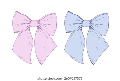 Satin fabric bow, with short wide ribbons. Graphic sketch illustration hand drawn line art, outline in blue and pink. Single isolated element vector EPS, for hair decoration, clothes, gifts, holidays