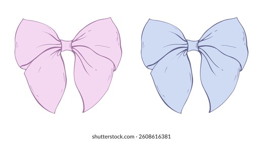 Arco de tecido de cetim, com fitas largas curtas. Ilustração de esboço gráfico desenhado à mão linha arte, contorno em azul e rosa. Vetor de elemento isolado único EPS, para decoração de cabelo, roupas, presentes, feriados