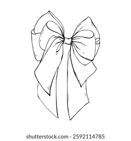 Satin fabric bow, wide, multi-layered with long ribbons. Graphic sketch illustration hand drawn line art, outline in black ink. Single isolated element vector EPS, for decoration