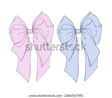 Satin fabric bow, wide, multi-layered with long ribbons. Graphic sketch illustration hand drawn line art, outline in blue and pink. Single isolated element vector EPS, for decoration