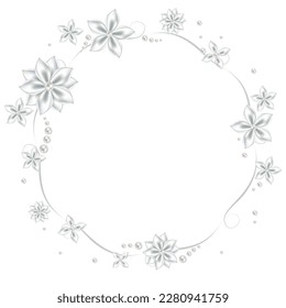 Satin flowers and pearls on a white background. Decoration. Wreath. Floral background. Floral pattern. Textile. Beads. 