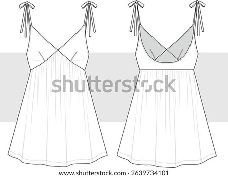 Satin mini summer dress technical fashion sketch, illustration. Knot Strap dress drawing template, bustier, relaxed fit, front and back view, women CAD, mockup set.