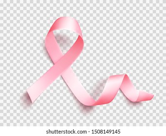 Satin pink ribbon over transparent background. Realistic medical symbol for national breast cancer awareness month in october. Vector illustration.