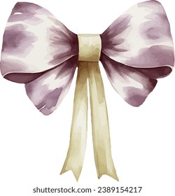 Satin purple bow with yellow ribbon, watercolor vector illustration and christmas element. Template for gift decoration, greeting cards, invitation, wedding card, save the date, celebration.