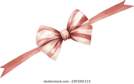 Satin red bow with white strips, on the red ribbon, watercolor vector illustration and christmas element.
