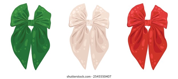Satin red green and white color bows. Colors flag. Festive Bows for Christmas. Decorative element for holiday decoration. Vector isolated Illustrations for invitations, greeting cards, posters.