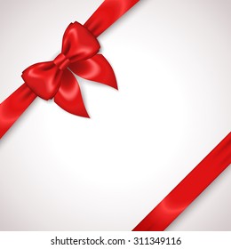 Satin Red Ribbon with Bow Isolated on White. Vector Illustration. Diagonal Gift Box. Invitation Decorative Card Template, Voucher Design