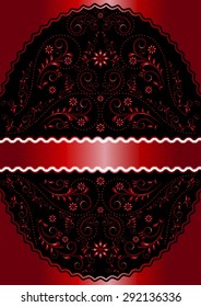 Satin red ribbon in red wavy openwork floral oval frame on satin red background
