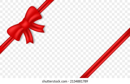 Satin Ribbon Bow Red with Tape on Transparent Background. Realistic Silk Knot and Strip for Gift Christmas Holiday. Red Wrap Decoration Present, Package, Box, Card. Isolated Vector Illustration.