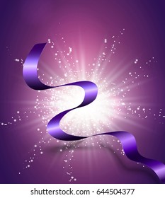 The satin ribbon is developing on purple background, flash of sparks, glitters.