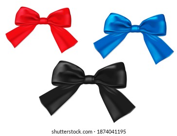 Satin ribbon gift bow set isolated on white background, realistic vector illustration for holiday design. Red, blue, black colors. Easy to recolor.