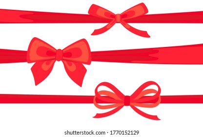Satin ribbon red decorated with bows flat set. Valentine day or wedding or Christmas decorated bows. Cartoon design elements for present, celebration and congratulation. Isolated vector illustration