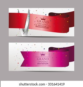 Satin ribbons,confetti, scissors. Grand opening cards