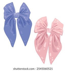 Satin rose and blue color bows, isolated. Bows for baby boy and girl. Decorative element for gender party or birthday. Vector Illustrations for invitations, greeting cards, posters, Christmas.