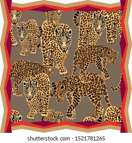 Satin scarf with graceful leopards. Trendy framed animal print with beige colors palette. Safari textile collection.