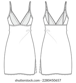 Satin Slip dress design flat sketch fashion illustration with front and back view, v neck Lace night dress cad drawing vector template