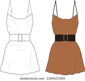 Satin Slip dress design flat sketch fashion illustration. Slip mini Dress  with belt. 