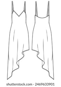 Satin Slip dress design flat sketch fashion illustration with front and back view, Asymmetric hem slip dress cad drawing vector template