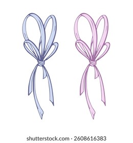 Satin, small, simple bow made of fabric, thin ribbons. Graphic sketch illustration hand drawn line art, outline in blue and pink. Single isolated element vector EPS, for hair decoration, clothes gifts