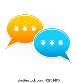 Satin Smooth Sticker Chat Room Icon. Yellow And Blue Color Web Button. Strip Speech Bubbles Shape With Shadow On White Background. This Vector Illustration Saved In 10 Eps