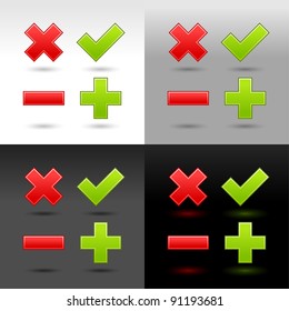 Satin smooth web button validation icons with drop shadow and reflection on four color background. This vector illustration created and saved in 8 eps