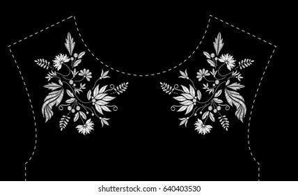 Satin stitch embroidery design with flowers. Folk line floral trendy pattern for dress neckline. Ethnic fashion white ornament for neck on black background.