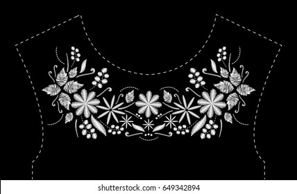 Satin stitch embroidery design with flowers. Folk line floral trendy pattern for dress neckline. Ethnic black and white fashion ornament for neck on black background.