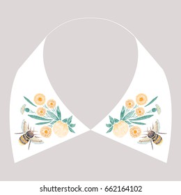 Satin stitch embroidery design with yellow flowers and bee. Folk line floral trendy pattern for dress collar. Natural fashion ornament for neck on white background.