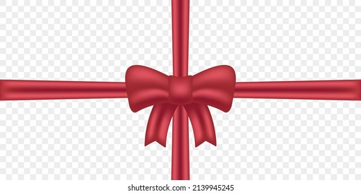 Satin Tied Ribbon Red on Transparent Background. Silk Bow with Tape for Christmas Holiday Present. Red Satin Knot to Enclosed Valentine Gift. Color Wrap for Present Box. Isolated Vector Illustration.