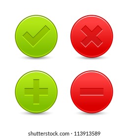 Satin validation icons. Red and green web buttons with shadow on white background. Check mark, delete, plus and minus signs for internet. Vector illustration clip-art design elements saved in 8 eps