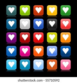 Satin web 2.0 button with heart sign on black background. Colored rounded square shapes with reflection.