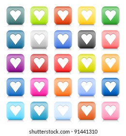 Satin web button with heart sign. 25 colored variation for rounded square icon with shadow and reflection on white background. This vector created in technique of wire mesh and saved eps 8