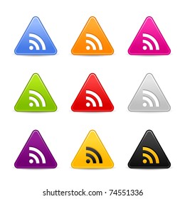 Satined smooth web 2.0 icon with RSS sign. Colored triangle buttons with gray shadow on white