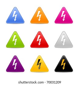 Satined web 2.0 icon with lightning sign. Colored triangle buttons with shadow on white background