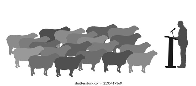 Satire humor, politician man campaign speech present public opinion against flock of sheep vector silhouette illustration isolated on white background. Media influence and manipulation during election