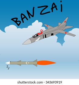 Satire humor sketch. Russian airplane attacks the turkey rocket.