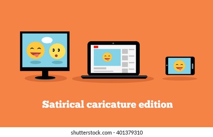 Satirical caricature edition design flat. Humorous edition. Internet site satirical on a smartphone, laptop. Funny video or picture on the screen. Vector illustration